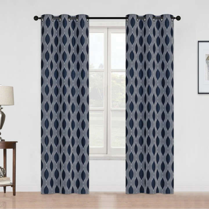 Blackout Printed Faux Linen Curtain, Dark Blue, 84in