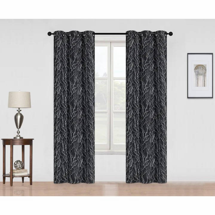 Blackout Printed Faux Linen Curtain, Black, 84in